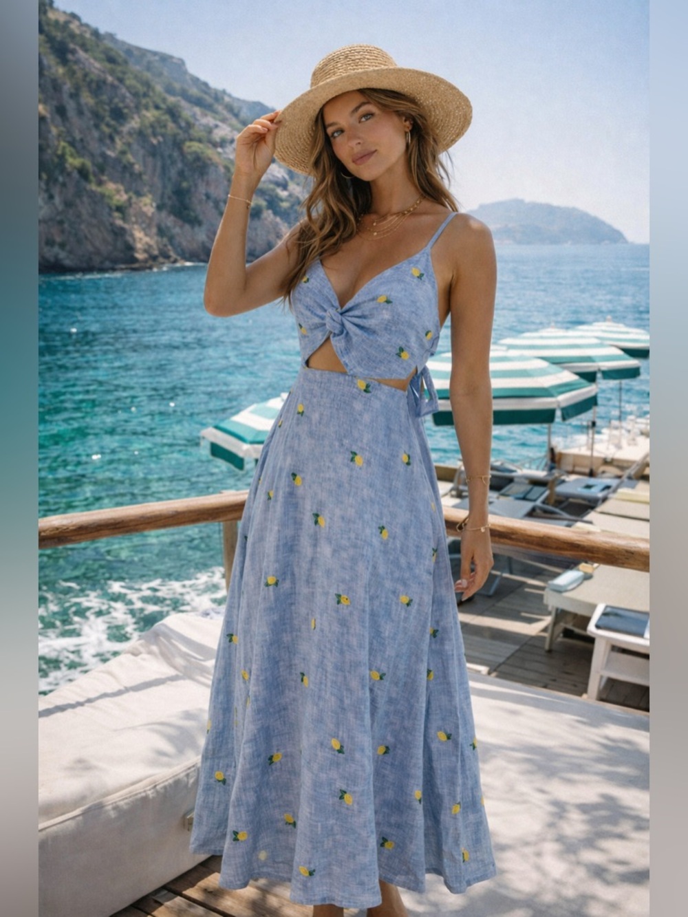 Idillio Positano Linen Dress Blue Lemon Print Tie Back Italian Resort Coastal